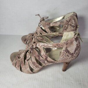 Ann Klein Loft Snake Print Peep Toe Lace-Up Leather Heeled Sandals Womens 8M